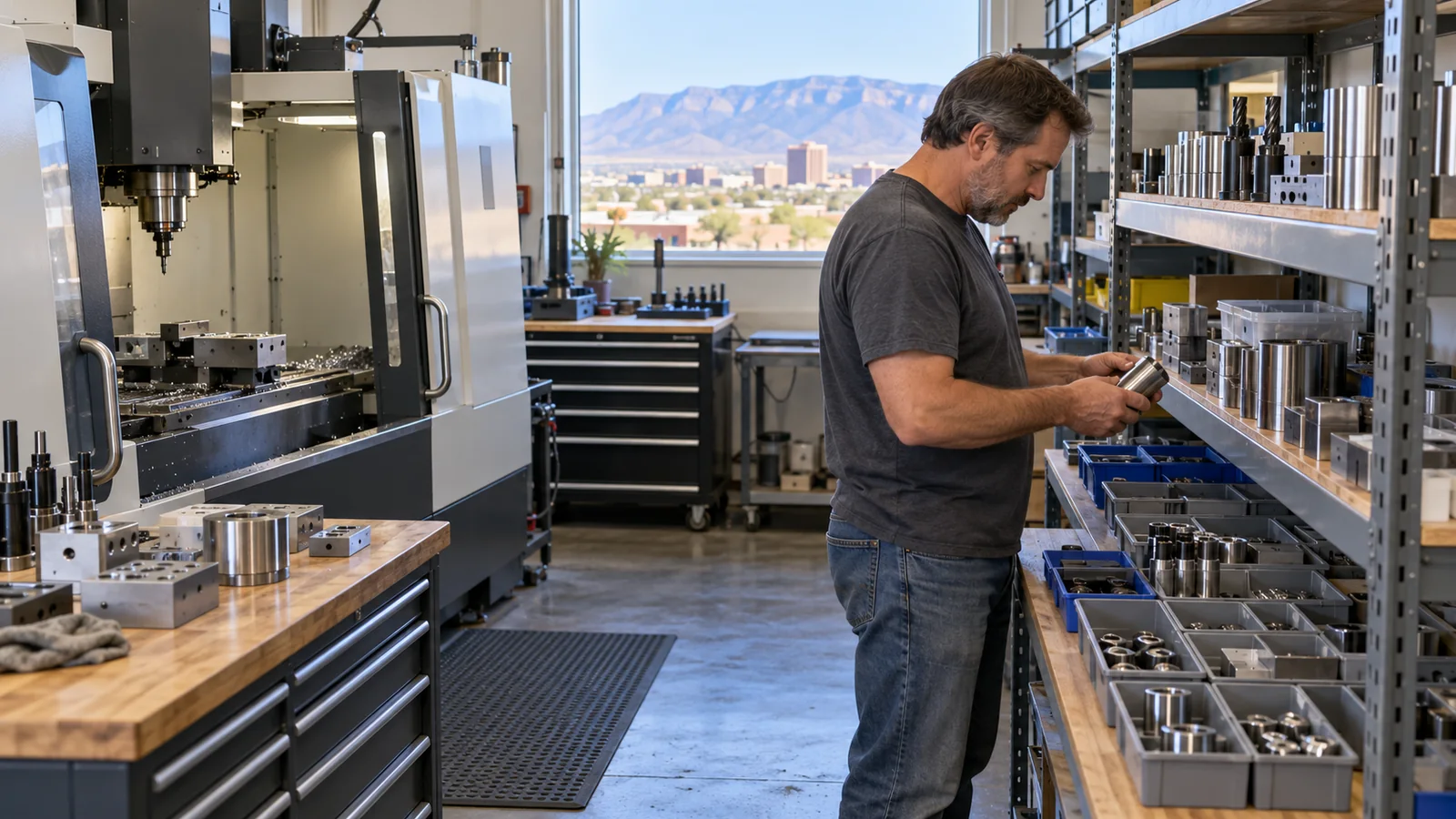 Owner reviewing equipment in a machining and industrial supply workshop